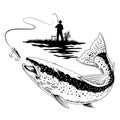 Fisherman Catch the Big Trout Fish in Black and White Royalty Free Stock Photo