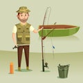 Fisherman with catch of crucian in bucket, rod or spinning with reel and angle or hook, float or bobber.