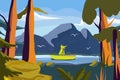 Fisherman catch fish, character male people float boat outdoor national park river cartoon vector illustration. Man use