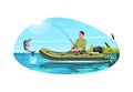 Fisherman catch fish semi flat vector illustration