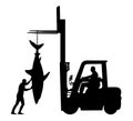 Fisherman catch great white shark vector silhouette illustration isolated. Port workers unload big fish from the ship with forklif Royalty Free Stock Photo