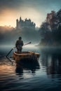 fisherman catches fish on the lake in a boat, fog on the lake. on the background of the castle Royalty Free Stock Photo