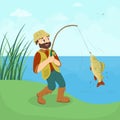 Fisherman catches fish.