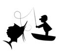 Fisherman on Boat catches fish. Vector silhouette. Royalty Free Stock Photo