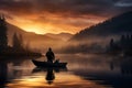 Fisherman catching fish on inflatable boat with copy space, outdoor angling hobby Royalty Free Stock Photo