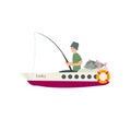 Fisherman Catching Fish on River or Sea Using Motorboat, Male Fisher Character Sitting in Boat Vector Illustration