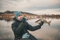 The fisherman caught a beautiful walleye Royalty Free Stock Photo