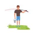 Fisherman character with fishing rod and bucket of fish vector Illustration on a white background