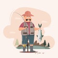 Fisherman character holding a big fish and a fishing rod Royalty Free Stock Photo