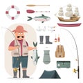 Fisherman character holding a big fish and a fishing rod include Royalty Free Stock Photo