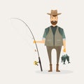 Fisherman character holding a big fish and a fishing rod with la Royalty Free Stock Photo