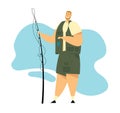 Fisherman Character Holding Rod in Hand Showing Fish he Caught. Fishing, Relaxing Summertime Hobby, Fishman Royalty Free Stock Photo