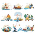 Fisherman character leisure. Fishermen on lake shore, cartoon fisher holding fishnet catch river fish, fishing rod boat