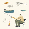 Fisherman Character Sitting on Chair with Rod on Coast Having Good Catch. Man Fishing on Lake or River at Summer Day Royalty Free Stock Photo