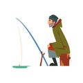 Fisherman Character Wearing Warm Clothing Sitting on Shore with Fishing Rod, Man Fishing on Frozen River Vector