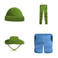 Fisherman clothes icons set cartoon . Various item of fisherman clothing