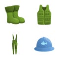 Fisherman clothing icons set cartoon vector. Various item of fisherman clothes