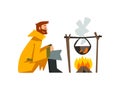 Fisherman Cooking Fish Soup in Cauldron Over Bonfire, Bearded Fishman Character in Raincoat and Rubber Boots Vector