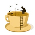 Fisherman in the cup of coffee, concept clipart, vector illustration with cartoon character