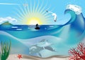 Fisherman and dolphins underwater Royalty Free Stock Photo