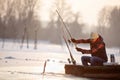 Fisherman draws hooked fish from water Royalty Free Stock Photo