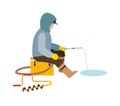 Fisherman enjoying days winter fishing on ice sport lake snow leisure vector illustration. Royalty Free Stock Photo