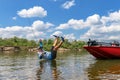 Fisherman fallen out from fishing boat. Flight of fisher after fall