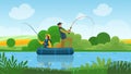 Fisherman family with fishing rods sail on inflatable boat along pond in summer landscape