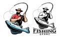 Fisherman with fish emblem. Sport fishing, angling logo. Vector illustration isolated on white background