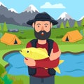 Fisherman with Fish in Hand on Background Camping.