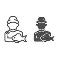 Fisherman with fish line and glyph icon. Fisher and the catch vector illustration isolated on white. Angler outline