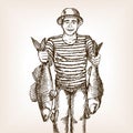 Fisherman with fish sketch vector Royalty Free Stock Photo