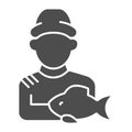Fisherman with fish solid icon. Fisher and the catch vector illustration isolated on white. Angler glyph style design