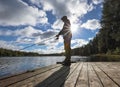 Fisherman fishing alone with rod and sun