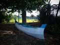 Fisherman Fishing Boat On Beach Sand Parked Under The Tree At The Village Royalty Free Stock Photo