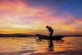 Fisherman on fishing boat at lakeside with fishing boat