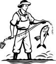 Fisherman. Fishing logo. Man holding fishing rod with fish on it. Royalty Free Stock Photo