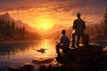 Fisherman with fishing rod on the background of mountains and sunset, Family dad and two sons are fishing at sunset, AI Generated Royalty Free Stock Photo