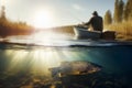 fisherman with fishing rod in the boat and fish underwater. split view over under water