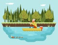 Fisherman with Fishing Rod in Boat Forest and