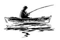 A fisherman with a fishing rod in the boat. Waves and Reflection. Sketch. Outline hand drawing. Isolated vector object on white Royalty Free Stock Photo