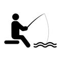 Fisherman with Fishing Rod on Coast River Black Silhouette Icon. Fisher Man Bait Lake Fish Glyph Pictogram. Summer