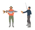 Fisherman with fishing rod and fish vector sketch Royalty Free Stock Photo