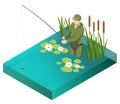 Fisherman with a fishing rod. Isometric fisherman with a fishing rod is fishing on a lake or river. Fisherman stands in