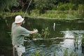 Fisherman with fishing rod near the lake at summer Royalty Free Stock Photo