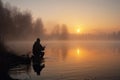 Fisherman with a fishing rod on the river bank. Sunrise, fog on the background of the lake Royalty Free Stock Photo