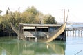 Fisherman in fishing shack, Po Delta, Italy Royalty Free Stock Photo