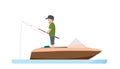 Fisherman is fishing standing with fishing rod in boat. Royalty Free Stock Photo