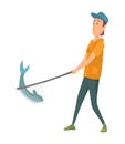 Fisherman flat icons. Fishing people with fish and equipment vector set. Fishing equipment, leisure and hobby catch fish