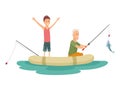 Fisherman flat icons. Fishing people with fish and equipment vector set. Fishing equipment, leisure and hobby catch fish